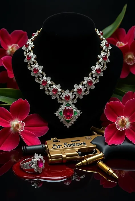 You can make an image with a black background with a ruby ring and an emerald and diamond necklace ,  together with red orchids and a military plate necklace with a puddle of red liquid on top and a weapon marked with the name "Sr. Smirnova " of gold color...