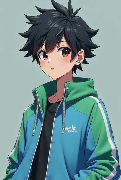  I want a 3d model of a male vtuber character ,  black hair, 5 cm wood-colored hoop on the left ear ,  windbreakers light blue with green ,  wears black , 