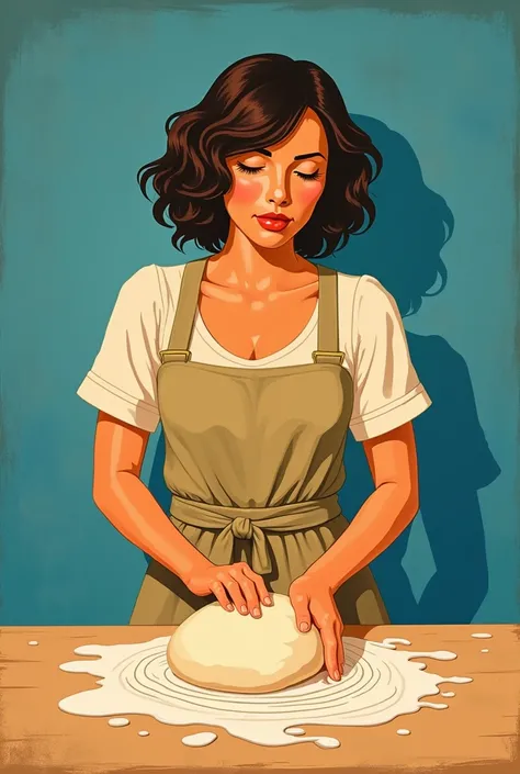 Wallart with woman making dough, wearing red. Blue background. Kinda art deco, minimalistic graphic art. No skinny clothes. Wavy hair very natural