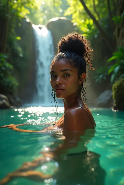 RAW photo, (high detailed skin:1.5), 8k uhd, dslr, soft lighting, high quality, film grain, Fujifilm XT3, photorealistic image.
 Create a photorealistic masterpiece of a lush tropical waterfall cascading into a tranquil pool. The scene is framed by dense, ...