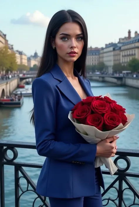 crie uma imagem da Hailly Baldwin, 20 years, blue eyes, oval face,  full lips , straight long black hair with elegant hairstyle , white pele, is on a balcony overlooking the River Seine , wearing a blue tailoring set and holding a bouquet of red roses wrap...