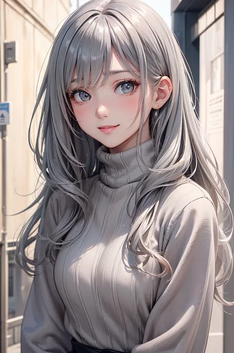 ( best quality, high definition ,8k,inelity detailed background, masterpieces:1.2), pretty girl,( glossy romance gray hair:1.3),(long hair:1.2) ,long hair, messy hair, Beautiful grey eyes, white turtleneck sweater, black jacket ,Leather pants,Gentle look,A...