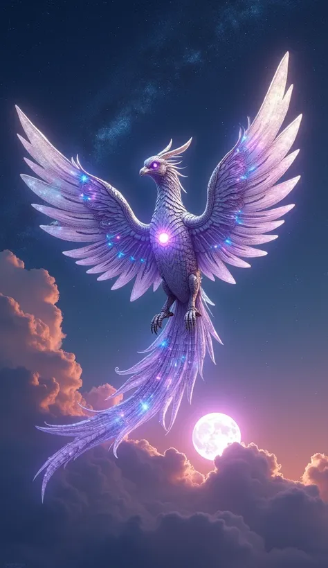 "An illustration of a celestial robotic phoenix soaring above a starry night sky, its wings crafted from iridescent silver and holographic panels that shimmer with the colors of the cosmos. Its sleek, reflective mechanical body is adorned with starlike pat...