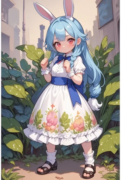 ( best quality, very detailed depiction, incredible high resolution),White radish を持っている女の子:2.0,( smaller,Blue Hair, very long hair,bangs,Bunny ears,Red eyes,Big Eyes,Smiling Face,Big hair ribbon),(White radish :2.0,手でWhite radish を掴んでいる:2.0,Green radish l...