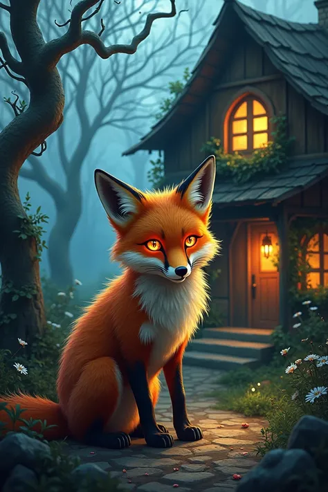 Fox with flamboyant eyes ,  near a witchs cottage, ambiance witchy 