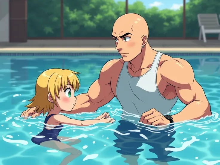  a bald muscular teacher (39 years old, complete swimming clothes camiseta y pantaloneta) giving a swimming lesson for ren under ,  guiding a girl (, blonde hair , green eyes, )in a semi heated pool and in an enclosed area, guiding a class of sidekicks, la...