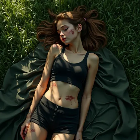 a top down photorealistic depiction of a beautiful 13-year old girl lying unconscious on a grassy ground, arms stretched out, legs bent, her light brown ponytail tousled, dressed in a black top and shorts, injuries across her body and rips across her cloth...