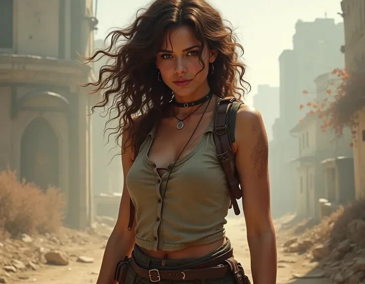  A full-bodied brunette woman ,  with curly hair,  wearing worn clothes typical of an apocalyptic scenario.  She has a visible scratch on her arm ,  and the art style is digital ,  with an atmosphere that refers to a post-apocalyptic world .