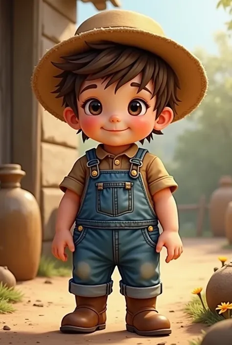 Baby boy ,  brown character wearing farmers clothing.