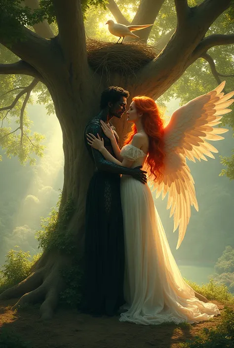 (photorealism:1.2), beautiful red-haired woman, outdoors, soft lighting, cozy, realistic, intricate details, warm colors, non-cartoonish, model, a female angel and a satanic demon both making love under a giant tree in paradise, with a holy bird nesting on...