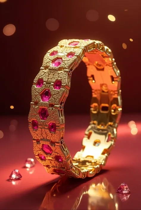  A large gold bangle with a delicate hexagonal design decorated with fine pink rubies