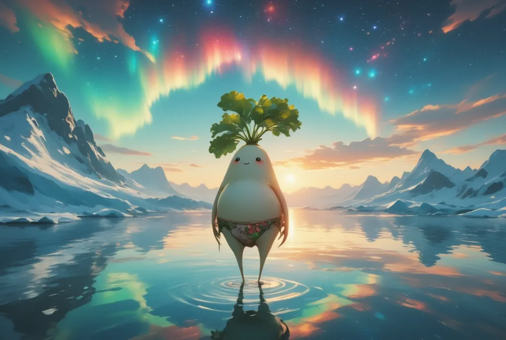 Arctic Landscape,  と夜空に広がるBeautiful Aurora , The brave daikon floating in the Arctic Ocean  ,(Daikon character  :Aurora-colored bikini wear :The texture of daikon :A little cute :Charming:Aurora's cloak ),  Aurora's cloak :1.3\ that cloak is an aurora-like cloak shining in the night sky :1.4\Beautiful Aurora:1.4\white、red、 the beautiful color of green is mixed \ An aurora-like cloak\ The color changes constantly \Produce intricate colors :1.3\夜空に輝く An aurora-like cloak:1.5,  Darkness, (( glaciers spread under her feet :1.3, Realistic ice の表現:1.3, Realistic ice )), (((UHD, masterpiece, anatomically correct, super detail, high details, best quality,  highres icon, 8k)))