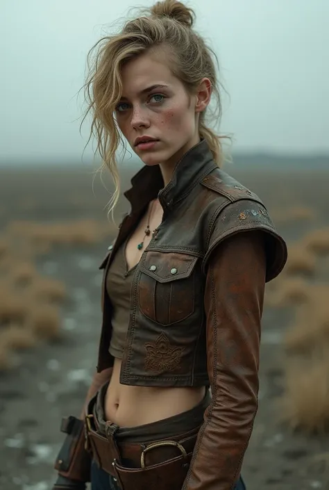 Create a picture of a young woman wearing tattered leather clothes, very thin, emaciated, dark blonde hair