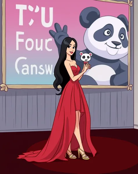 Woman 30 years, long black straight hair, wearing red v strap long taffeta ball gown wide skirt dress with gold strap high heels sandals. 
Thanking on microphone and Holding award in the form of a small white and black panda 🐼, with pink and blue backgroun...