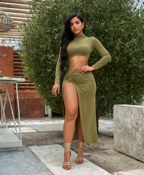 a woman in a green dress posing for a realistic photo , olive green,  looks like Fabiula Nascimento ,  thin waist and wide hips , sexy style, Marisha Becker, sexy dress, very sexy clothes, beautiful girl, tight clothes, sexy clothes, inspired by Esaias Bou...