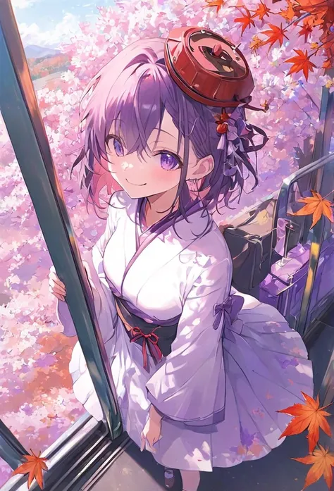 ((pastel))、from above, character focus, close to viewer,The season is autumn,The background is autumn leaves,Red maple leaves, one woman,Mauve Hair, purple eyes,One point with cherry blossoms on my head , is on a trolley train,  best quality,  smiles, 