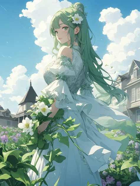  Epic CG matte painting , Broad vision, Light green clouds , {{disney castle}},  Garden full of flowers on the cloud,  A few drops of water fall from the clouds ,  A pale green rose ,  HD image , Unreal Engine,  ArtStation 4k HD Trend   