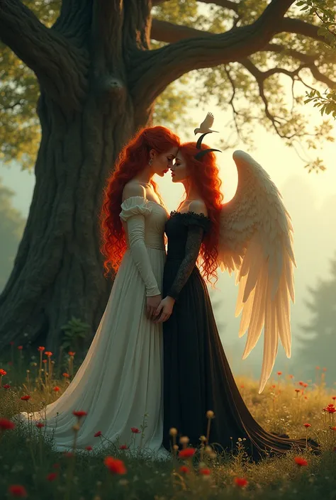 (photorealism:1.2), beautiful red-haired woman, outdoors, soft lighting, cozy, realistic, intricate details, warm colors, non-cartoonish, model, a female angel and a satanic demon both making love under a giant tree in paradise, with a holy bird nesting on...