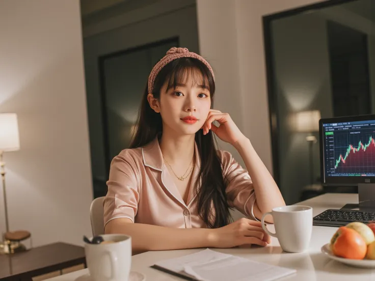 A 33-year-old female CEO of a listed company takes a selfie with a cute smile. She is wearing no makeup. She has an oval face, big breasts, dark brown straight chest-length ponytail, a headband, and high-end fashion brand LV silk pajamas. She is in the stu...