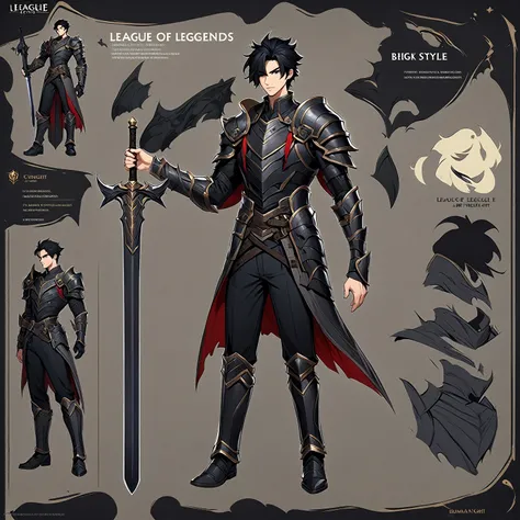 ((league of legends ART style )), Human Male, dark knight , armor  ,Black hair  , Gray  highlights ,  big sword, Simple background, character sheet, full body, 