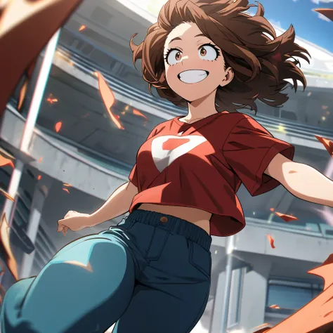 a  teenage girl with brown hair wearing a red t-shirt and cyan blue pants who has the power of healing (  anime My Hero Academia  ) high definition ,  smiles, 