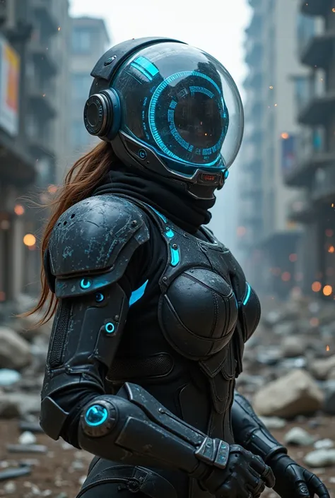 A dramatic image of a futuristic warrior woman wearing a transparent holographic helmet that displays tactical data. Her battle armor combines glowing neon strips with sleek black panels, and her robotic hand holds a glowing energy weapon. The background i...