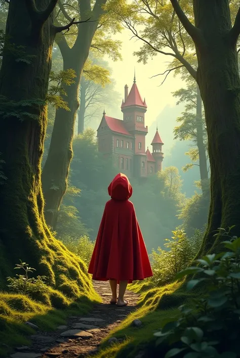 Fairy tale of Little Red Riding Hood in the woods looking into the distance at her red castle