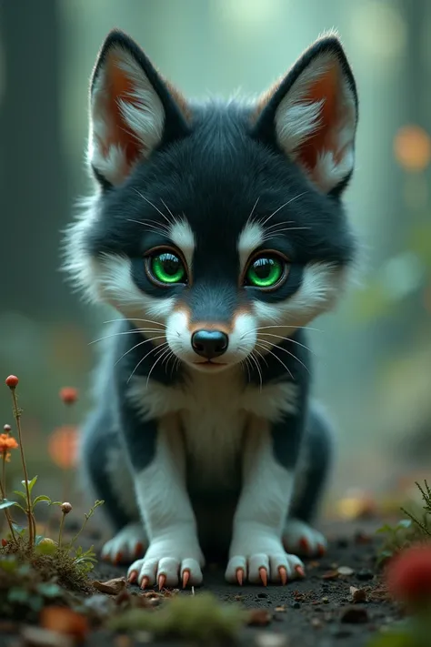 Baby human wolf with green eyes and black and white hair

