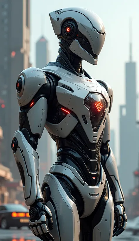 Create a futuristic robot with a shield on its chest with the name ON TECH CELL