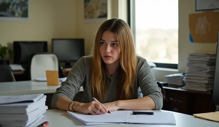  Realistic photograph of a 25-year-old woman,  long blond hair , blue eyes,  Caucasian ethnicity , in an untidy office ,  with several spreadsheets and post-its surrounding , expressing frustration.  Natural light through a window .  realistic photo , —wit...