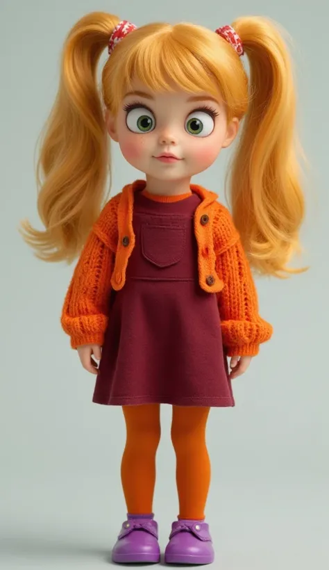 In everyday life, Lisa wears an orange sweater, a burgundy sundress with a pocket on the chest, orange tights, purple socks and purple shoes.

She has red eyelashes and long hair tied with a red and white rubber band into three ponytails: two large ones on...