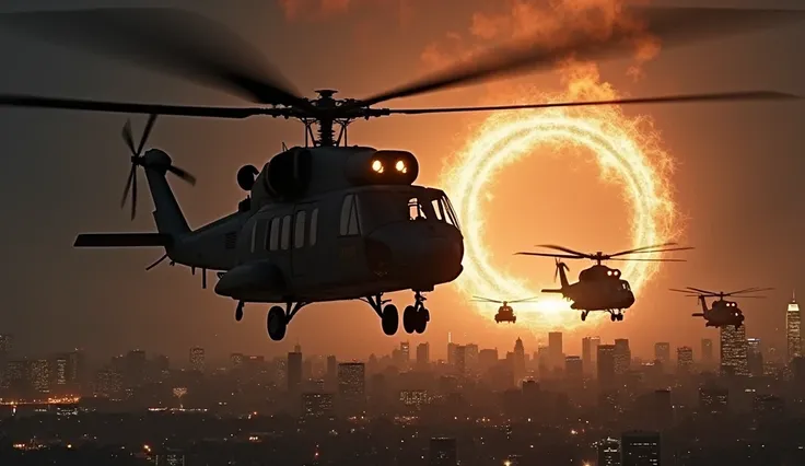  Sikorsky CH-53 helicopters flying away from Manhattan, Night, in the sky, a portal is a funnel from which something comes out, behind an atomic explosion