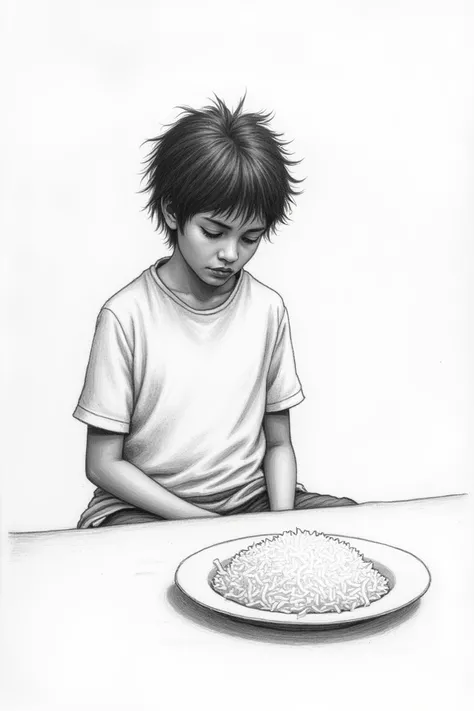  Create the drawing on paper  , ( simple and black and white ) 
From someone sad  ,  a plate of rice in front of him ,  with little rice on the plate