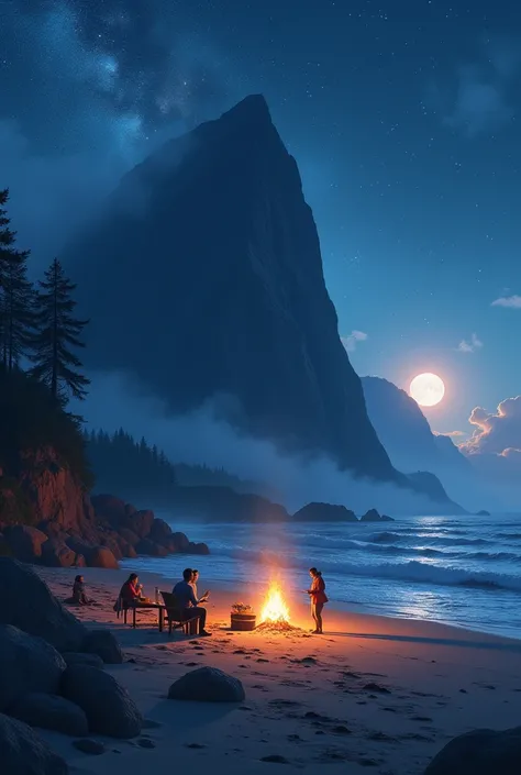  in a beach.long we can see a mountain with fog.stars and moon in the sky.making barbecue at the beach.natural beauty