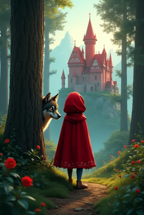  Little Red Riding Hood in the woods looking at her red Adas castle next to the wolf that hides behind a tree