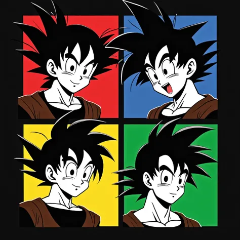 ２Ｄ  illustration Illustration  ,   like a cosmetics advertisement  ,  gorillaz-style musical group ,   4 gokus characters from Dragon Ball Z are composed only of black and white,  Goku A has a red background  ,   Goku Bs background is yellow  ,  Goku Cs ba...