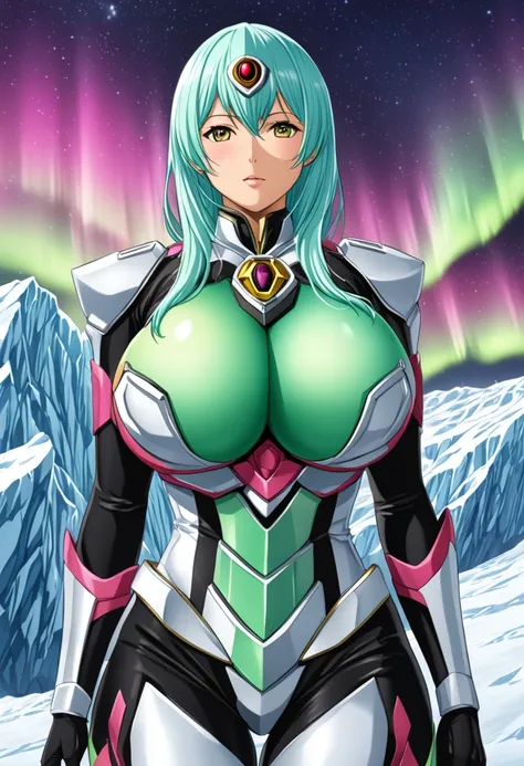  female Kamen Rider , Aurora Over the Glacier, covered gigantic breasts