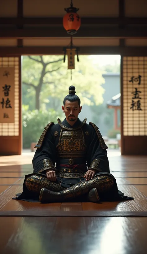 A shogun in a meditative position inside a medieval Japanese dojo