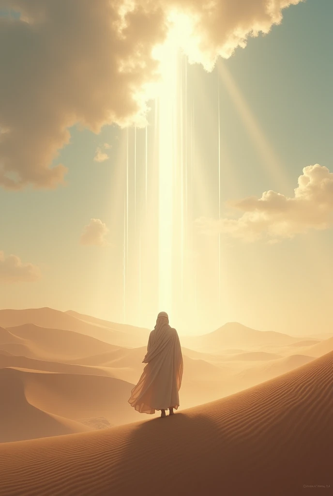 Background Makkah, 610 AD, a peaceful desert landscape)Show the Prophet Muhammad (SAW) without visible face in a quiet, peaceful setting in Makkah, with light beams or clouds representing the arrival of revelation