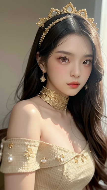 A high-resolution photograph featuring a young asian woman with a fair complexion and long, dark brown hair styled in loose waves, she has large, expressive brown eyes with a soft, inviting gaze, her lips are full and slightly parted, giving her a serene y...