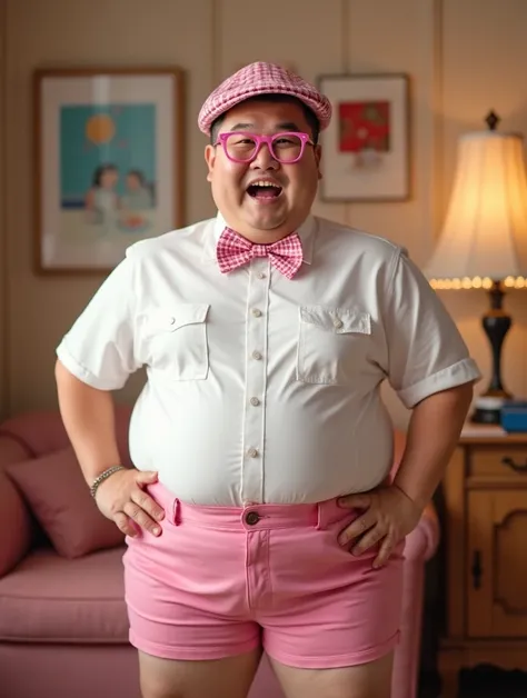  A fat Asian man 35 years old , round face, pot belly , Very Short Hair,  wearing a pink and white checkered flat hat ,  matching bow tie , white shirt,  pink shorts ,  and pink glasses , posing standing with open mouth, The living room dilator ,  in 1960s...