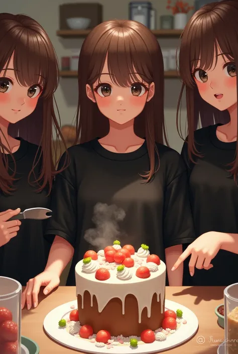 Beautiful girls, black eyes, brown hair, made a messy cake, wearing a very wide black shirt and wearing looks 