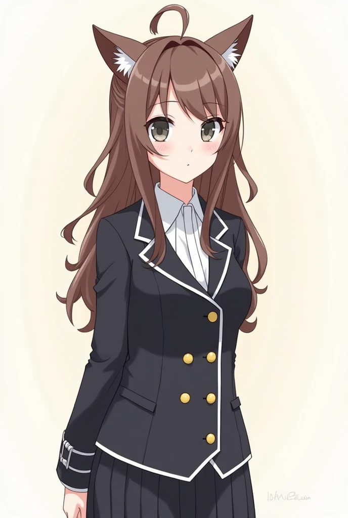  Id like an illustration of the whole body of a girl in the uniform worn by Izumi Iori from IDOLiSH7。

 Hair is brown and half-up and slightly curled、 Antennae are the same length as the bottom of the ears and slightly curled, eyes are grey close to black、...