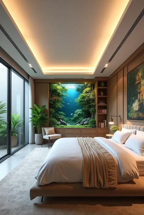 Creat an interior design of a modern ,luxury , white ceiling, warm light on ceiling, a suspension light from the ceiling, back wall of bed is full indoor trees, an aquarium in the room, luxury bed, outer  ray comes through the window with little, a large p...