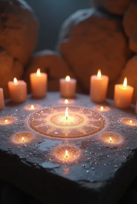 "An ancient and symbolic scene with an altar table ,  adorned with salt in the form of spiritual symbols ,  like circles and triangles ,  with candles burning in the background and an enveloping ethereal energy."