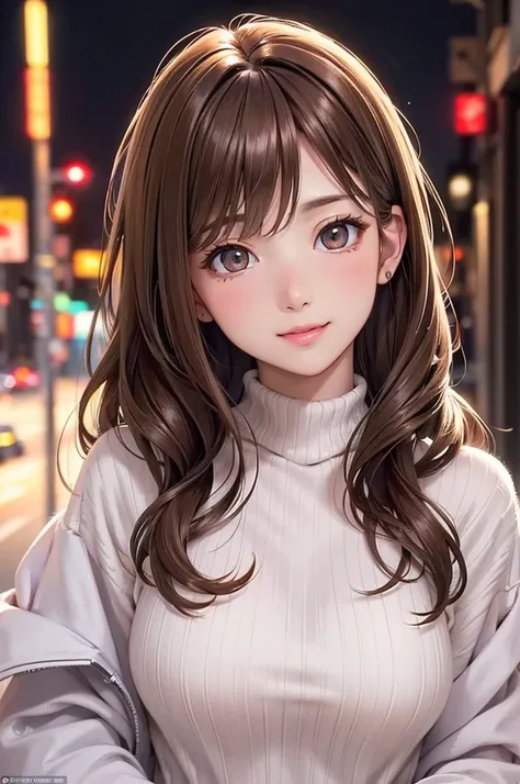 ( best quality, high definition ,8k,inelity detailed background, masterpieces:1.2), pretty girl,(Shiny brown hair:1.3),(long hair:1.2) ,long hair, messy hair,  beautiful brown eyes, white turtleneck sweater, black jacket ,Leather pants,Gentle look,A refres...