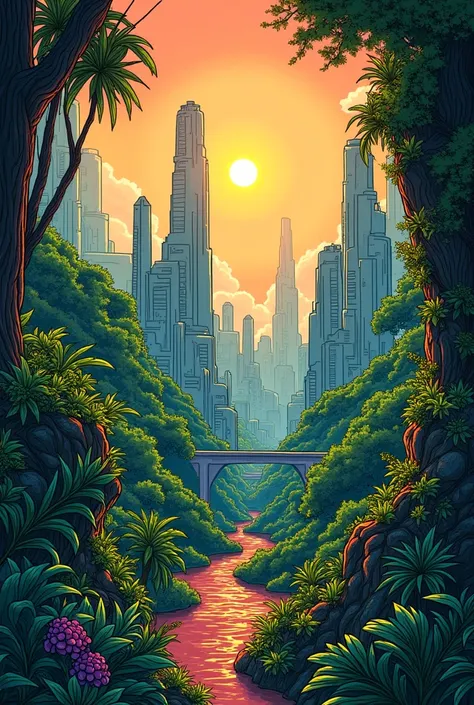 Comic book style drawing of American 24th century science fiction city, the sun is shining brightly, jungles, the fusion of the technological city of the future and nature