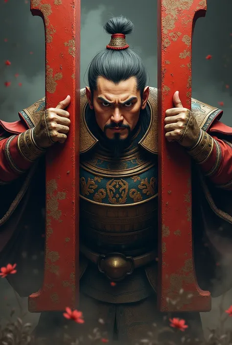 A CHARACTER THAT EMERGES FROM THE LETTER H WEARING CHINESE BATTLE ARMOR THAT HAS A SERIOUS FACE THAT IS ANIMATED