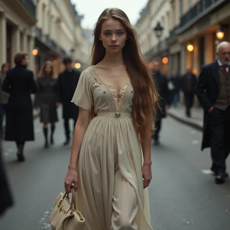  masterpiece , limelight ,Seventeen-year-old girl from 19th century lower-class France walking down the street, Slim body, thin, pale skin , grey eyes,  round shoulders and big hands and feet , long thick hair,  on a 19th century street in Paris ,  8k phot...