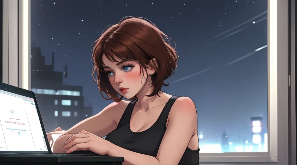 A Young girl short auburn hair with big breasts wearing a lush grey tank top, sitting at a desk at night, illuminated by the glow of a laptop screen. She is typing on the keyboard with a focused expression, her blue eyes reflecting the light from the scree...